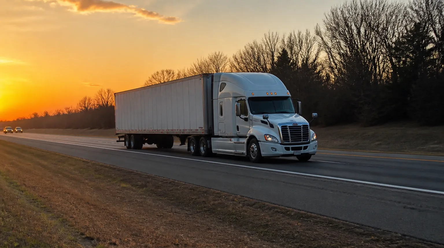 Semi truck on the interstate at golden hour