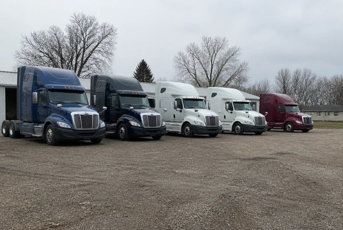 Semi trucks parked at a carrier yard